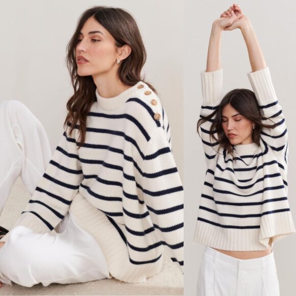 Jenni Kayne Grace Cashmere‎ Navy Stripe Crewneck Sweater Size M - Picture 9 of 10